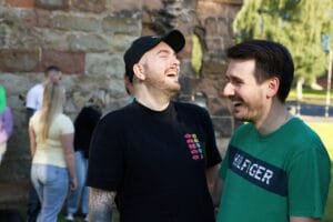 Couple of lads laughing for a photoshoot