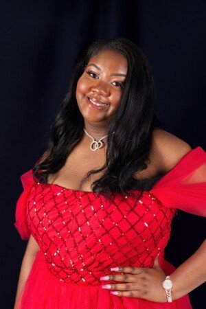 a woman in a red dress